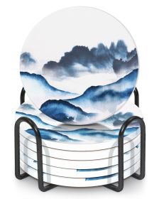 Mountain and River Watercolor Coasters - Set of 6 with Holder