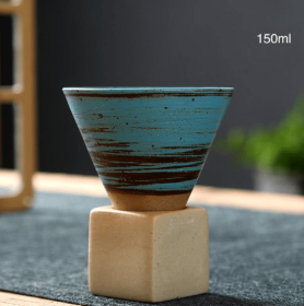 Japanese Style Coarse Pottery Mug Cross-border Hot Drink Retro Creative Hand-pulled Glaze Latte Art Coffee Ceramic Cup (Option: Medium Funnel Cup Blue Line-101 200ml)