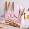 11-Piece Silicone Kitchen Utensil Set with Wooden Handles and Storage Bucket