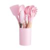 11-Piece Silicone Kitchen Utensil Set with Wooden Handles and Storage Bucket