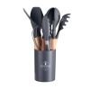 11-Piece Silicone Kitchen Utensil Set with Wooden Handles and Storage Bucket