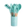 11-Piece Silicone Kitchen Utensil Set with Wooden Handles and Storage Bucket